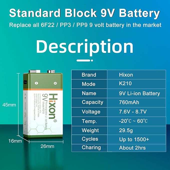 Hixon USB 9V Rechargeable Lithium Batteries - Image 2