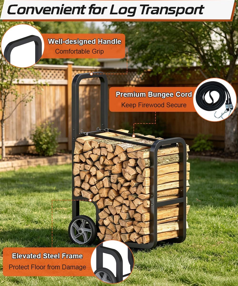 300 lbs firewood rack cart, large-capacity rolling log, side view