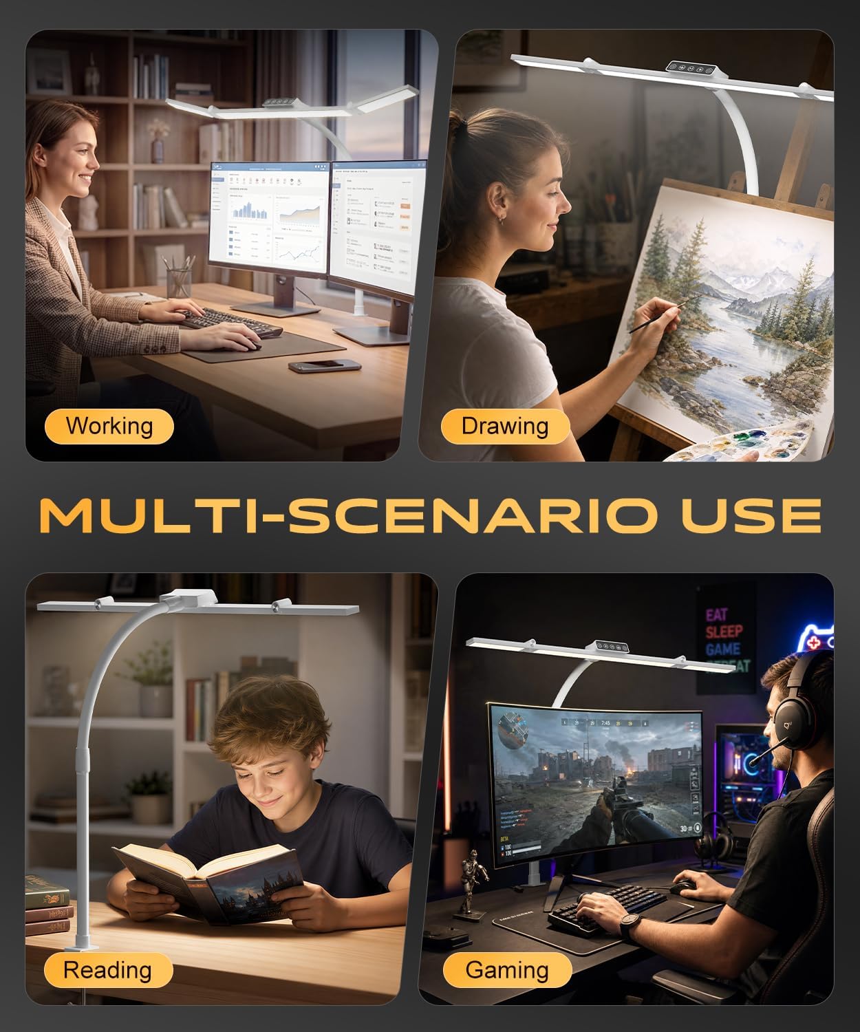 LED Desk Lamps for Home Office, Desk Light with Remote & Touch Control, Stepless Dimming,5CCT,Motion Sensor Auto On/Off, Eye-Caring Desk Lamp with Clamp for Study, Reading,Dual Monitors,White