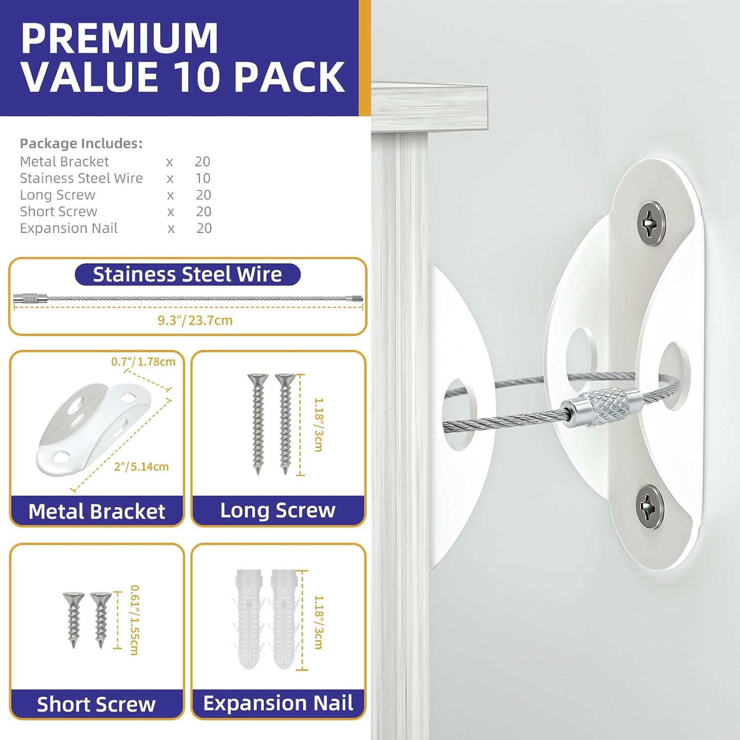 4our Kiddies Furniture Anchors (10 Pack), Furniture Straps for Baby Proofing, Secure 400 Pound Furniture to Wall Prevent Falling, Anti Tip Earthquake Straps for Child Safety (White)