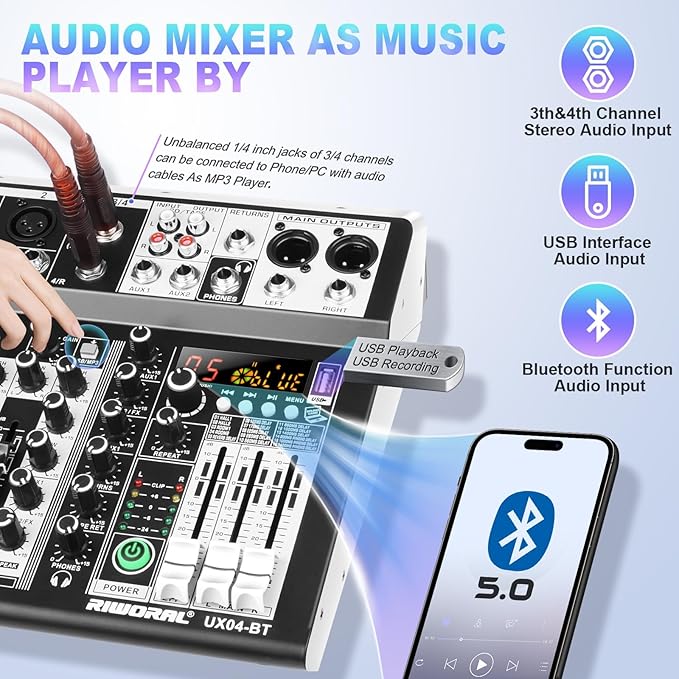 4 Channel Audio Interfacer DJ Mixer Sound Board 16-Bit DSP Effect USB Audio - Image 4
