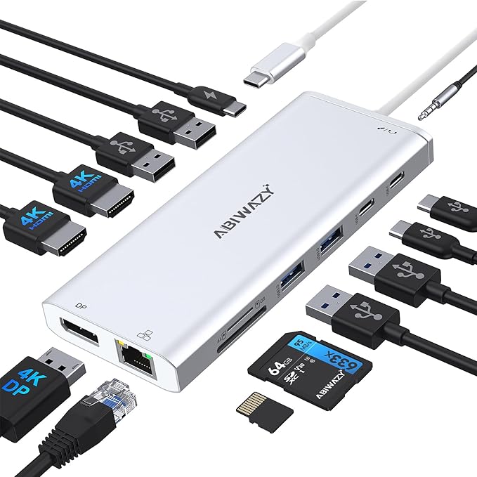 USB C Hub USB-C Docking Station Dual Monitor 14 in 1 Triple Display Multiport by ABIWAZY