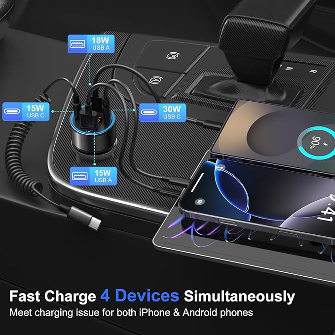 3 Pack USB C Car Charger, 4-Port 65W Dual 12V USB-A & USBC Cigarette Lighter - Image 4