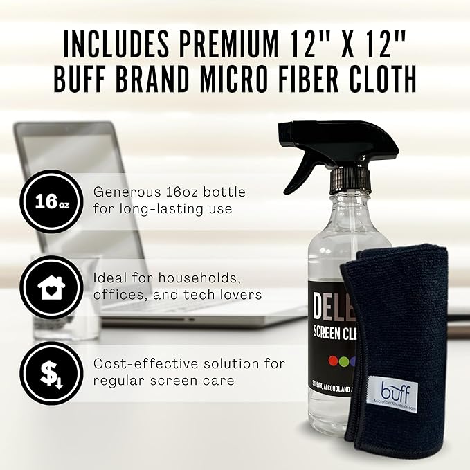 Delete Screen Cleaner Spray Kit, 2 Pack, 16oz and 2oz Bottle and 12"x12" - Image 4