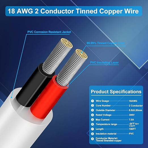 18 Gauge 2 Conductor Electrical Wire, 100FT Low Voltage 18/2 Tinned Copper - Image 2