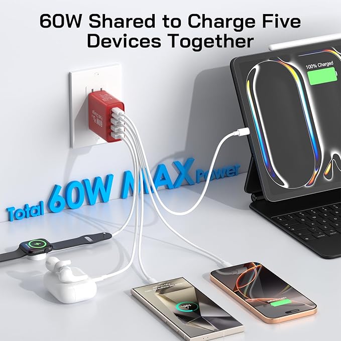 2Pack USB C Fast Charger Block, Total 60W 5-Port USB C Wall Charger 30W Type C - Image 4