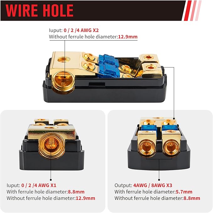 RED WOLF 2 Way Mini ANL Fuse Holder 60A 0/2/4 Gauge Input 4/8 Gauge Output Fuse - Image 2