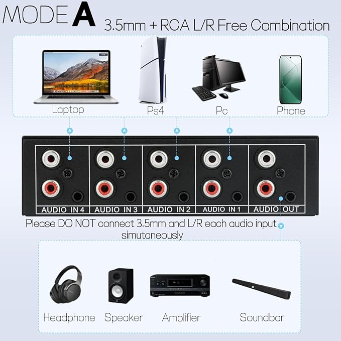 3.5mm Aux + RCA L/R Bi-Directional Stereo Audio Switch 4 in 1 Out A/B Analog - Image 2