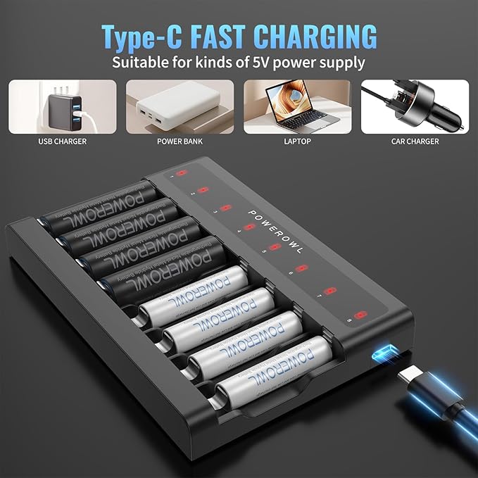 POWEROWL AA AAA Battery Charger 8 Bay, Independent Slot, USB Fast Charging - Image 6