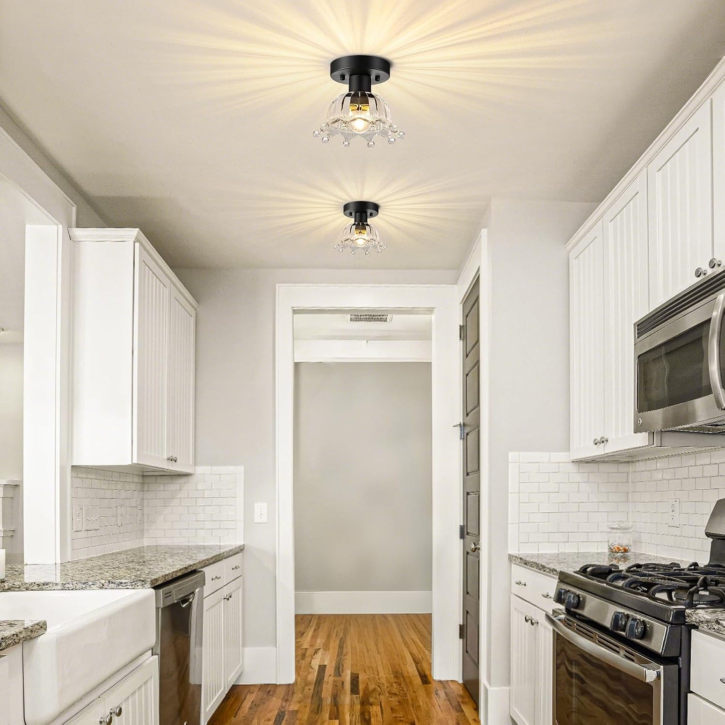 Mid-Century Modern Ceiling Light, 2 Pack Hallway Light Fixtures | Black Semi Flush Mount Ceiling Light, Small Hallway Light Fixtures for Kitchen, Foyer, Entryway, Laundry Room E26