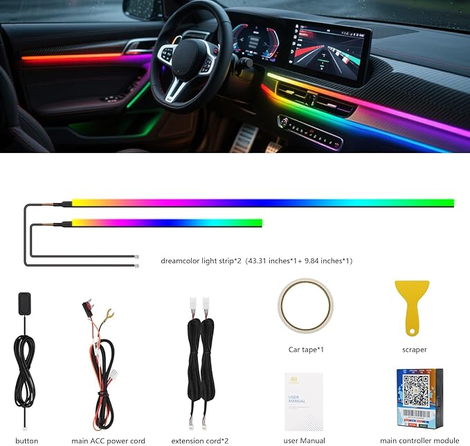 2026 Upgraded Acrylic Interior Car LED Strip Light Dual-Zone Wireless App - Image 2