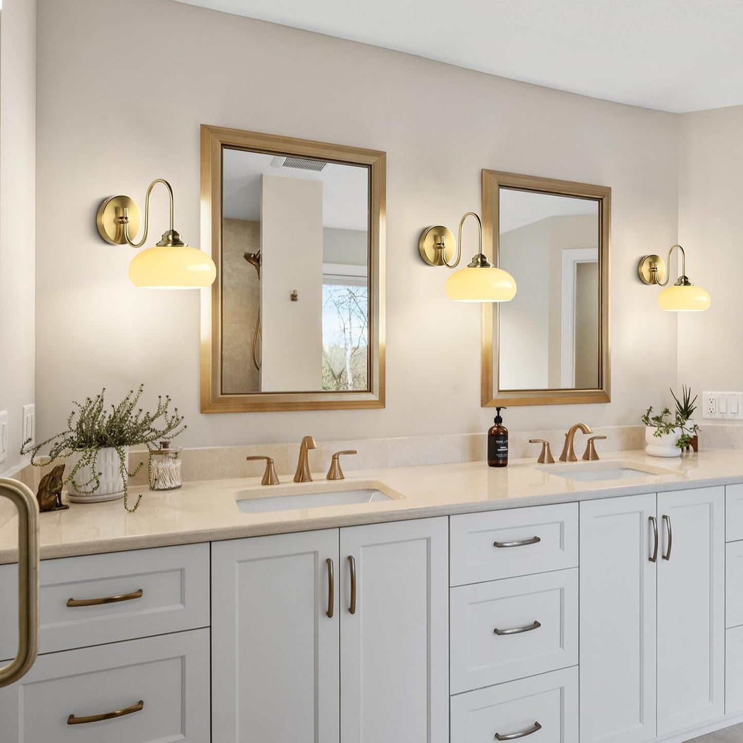 KCO Brass Gold 7.9” Vintage Cream Yellow Dome Glass Wall Sconces Set of 2 | E26 Base Hardwired, Up/Down Mounted, Mid Century Modern Gooseneck Wall Lamp for Bathroom Vanity Bedroom Hallway Entryway Bar