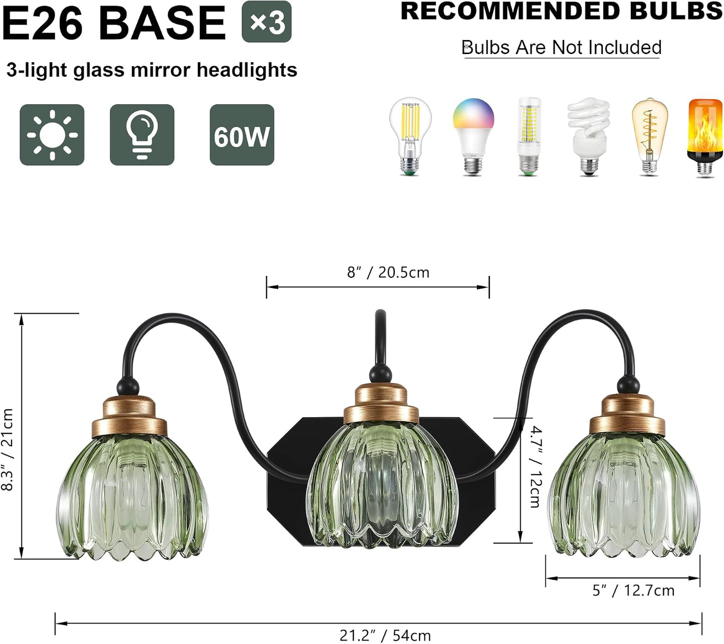 Vintage Gold Bathroom Light Fixtures,3 Light Green Tulip Crystal | Brushed Gold Vanity Lights,Matte Antique Brass Finish, Mid Century Style,Wall Sconces for Bedroom,Hallway,Easy to Install