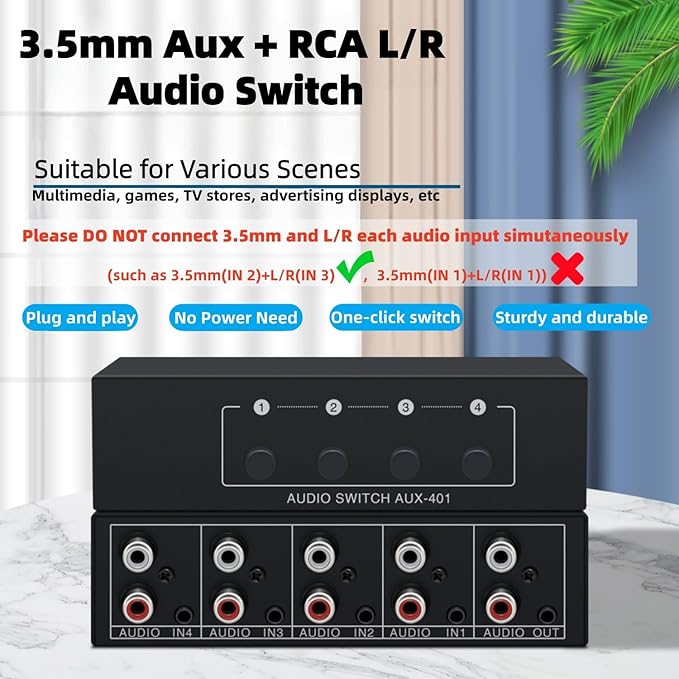 3.5mm Aux + RCA L/R Bi-Directional Stereo Audio Switch 4 in 1 Out A/B Analog - Image 6