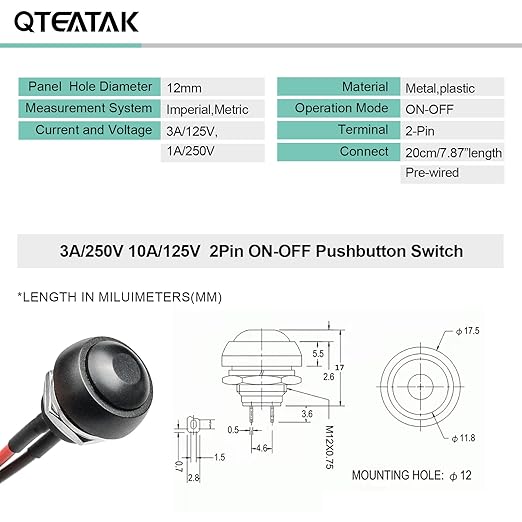 QTEATAK 1/2" Pre-Wired Mounting Hole On/Off Mini Round Waterproof Momentary - Image 2