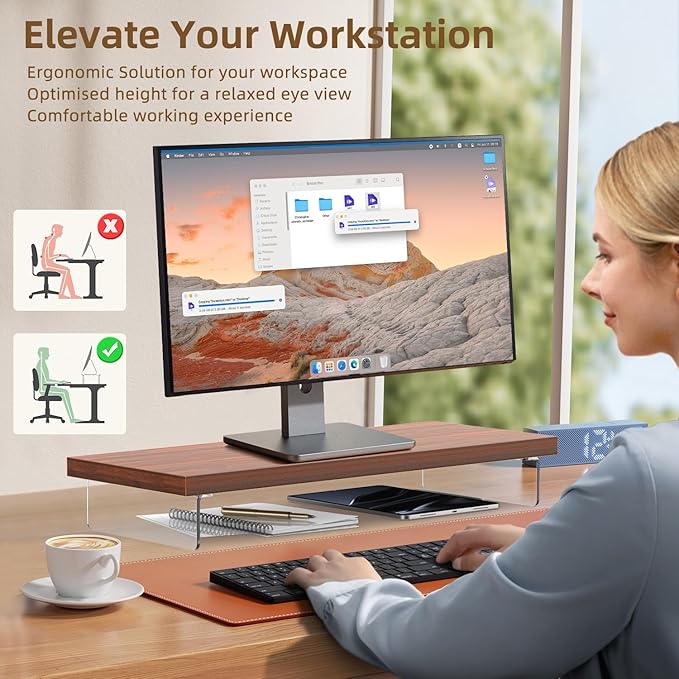 SSWOOD Dual Monitor Stand Riser, Wooden Desktop Organizer Shelf - Image 5
