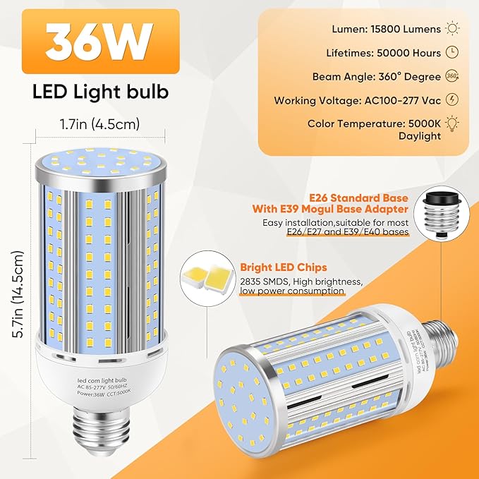 6 Pack 36W Corn LED Light Bulb, Fanless E26/E39 Medium/Large Mogul Base LED Cob - Image 3