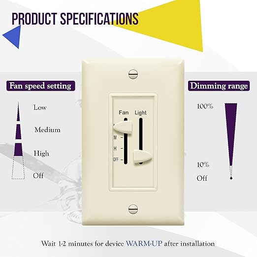 ENERLITES 3 Speed Ceiling Fan Control and LED Dimmer Light Switch, Light and - Image 2