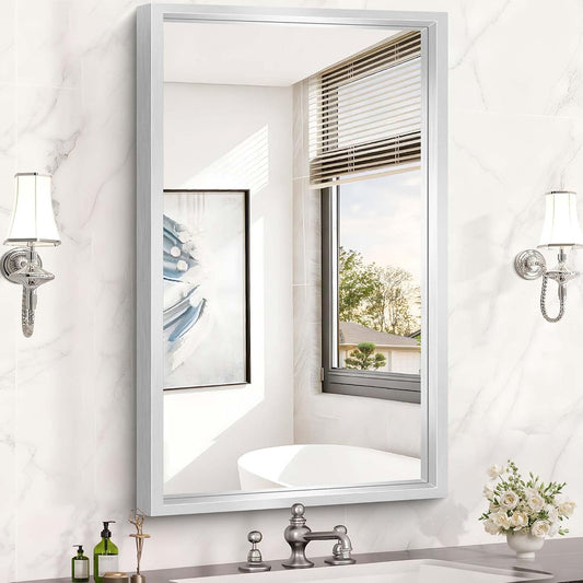 40x24 Silver Bathroom Mirror, Brushed Silver Rectangular Mirror