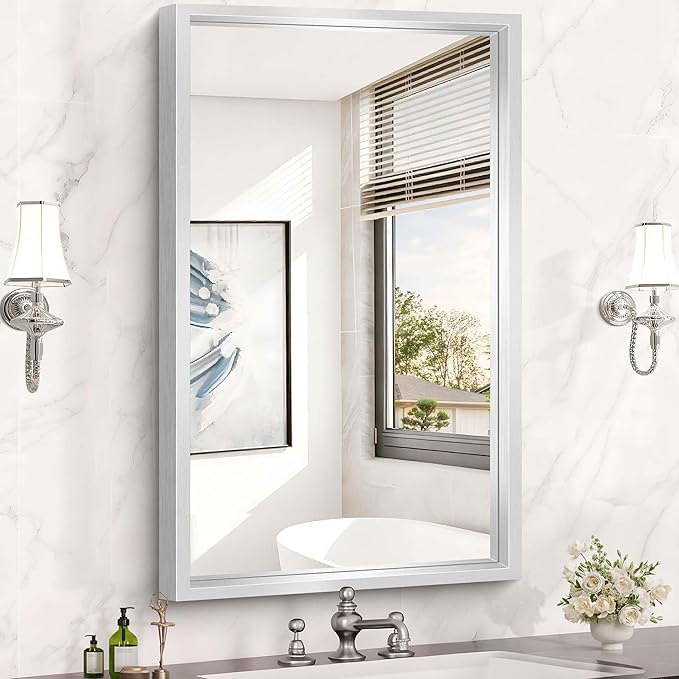 40x24 Silver Bathroom Mirror, Brushed Silver Rectangular Mirror by WelcometoCIVENO