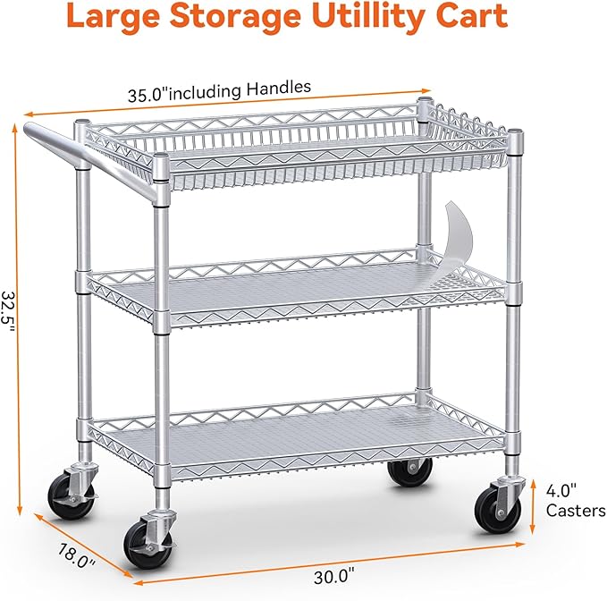 WDT 990Lbs Capacity Heavy Duty Rolling Utility Cart, NSF Rolling Carts - Image 3