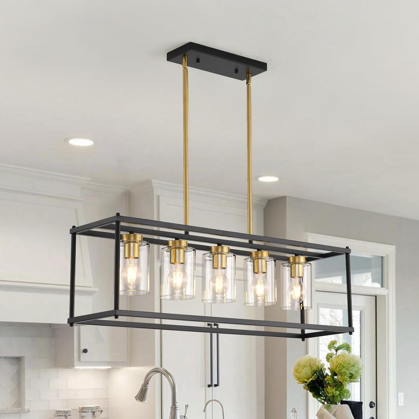 5-Light Dining Room Fixture Black and Gold Kitchen Island Lighting