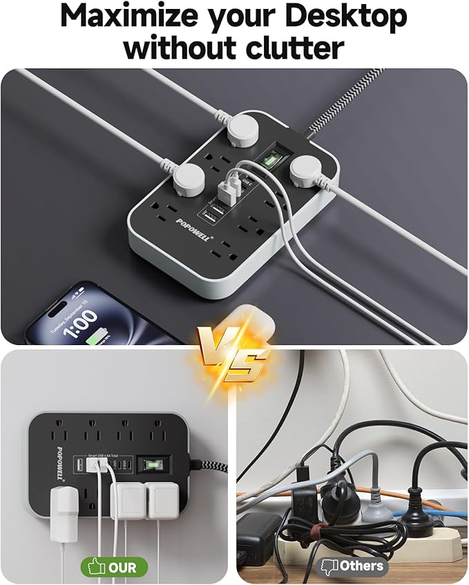 Power Strip Surge Protector- 5FT Flat Plug Extension Cord, 8 AC Outlet& 6 USB - Image 8