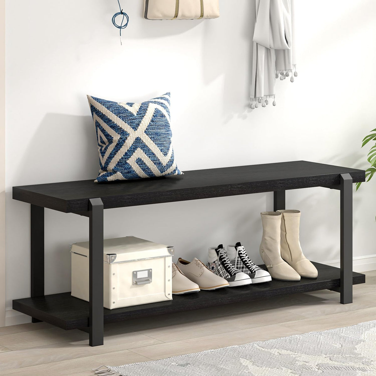 excefur entryway bench, modern wood and metal storage, main product view
