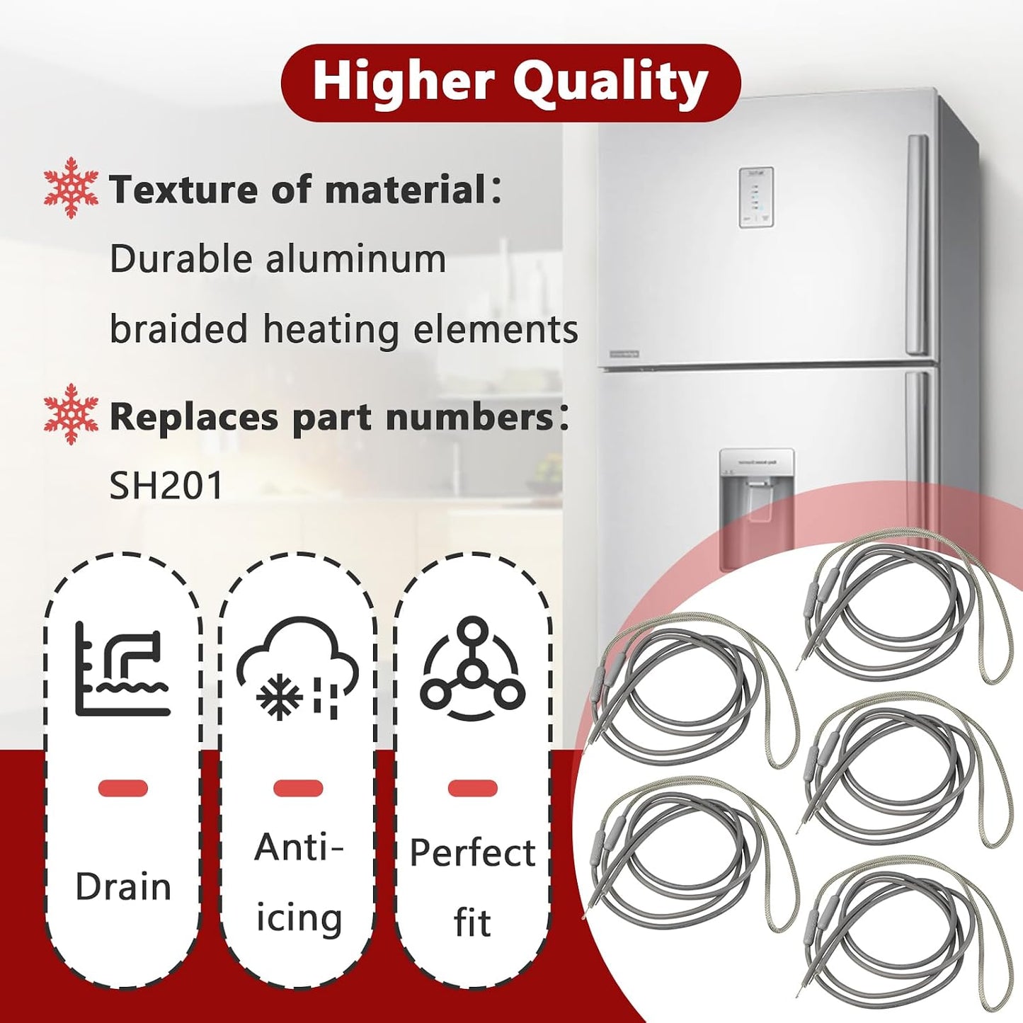 5-Pack SH201 Drain and Door Heater for Samsung and Most supco Refrigerators - Defrost Heater 7/16 Diameter 115V 15W 25 Inch Long Heater Wire - Refrigerator Drain Heater Tip with 50 Pcs Zip Ties
