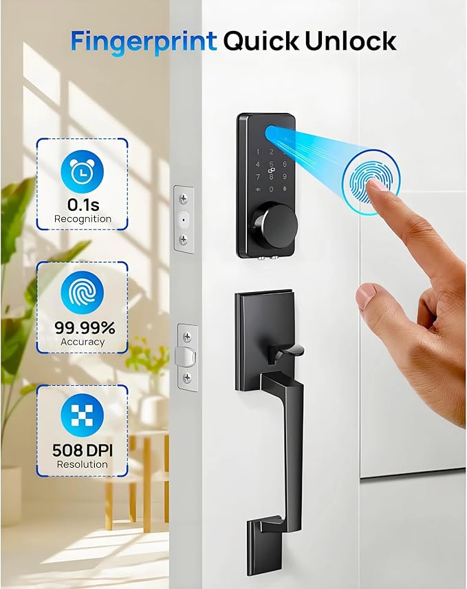 Smart Keyless Entry Door Lock Set w/Front Door Handle, 0.1s Fingerprint - Image 2