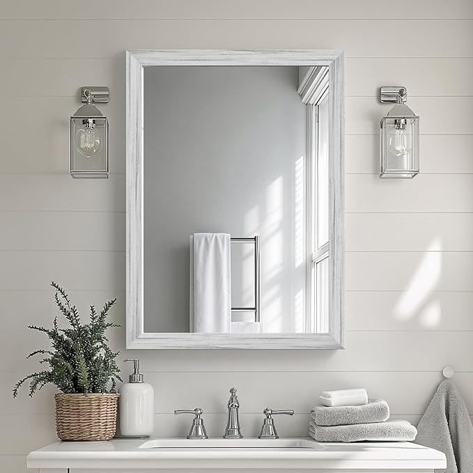 White Wood Effect Framed Wall Mirror, 22x30 Rectangle Mirror, 1/8" by Ultrue
