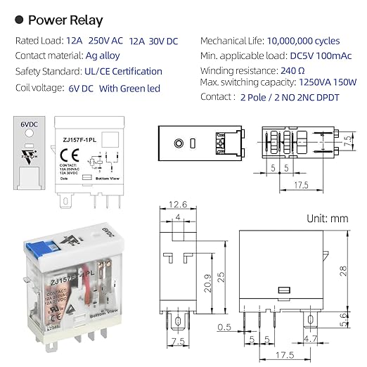 6V DC Electromagnetic Power Relay Miniature Coil 8A 8 Pins 2PDT 2NO 2NC - Image 4