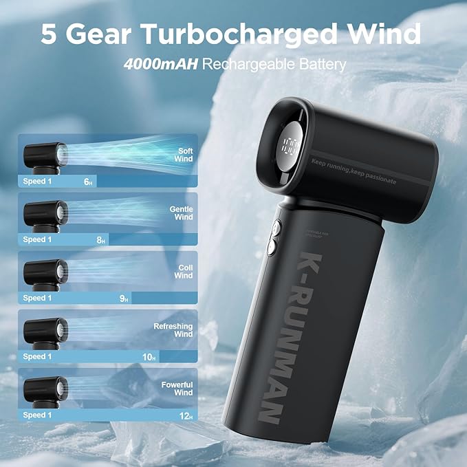 K-RUNMAN Portable Handheld Turbo Fan, 5 Gear Wind, Battery Operated, LED Display - Image 3