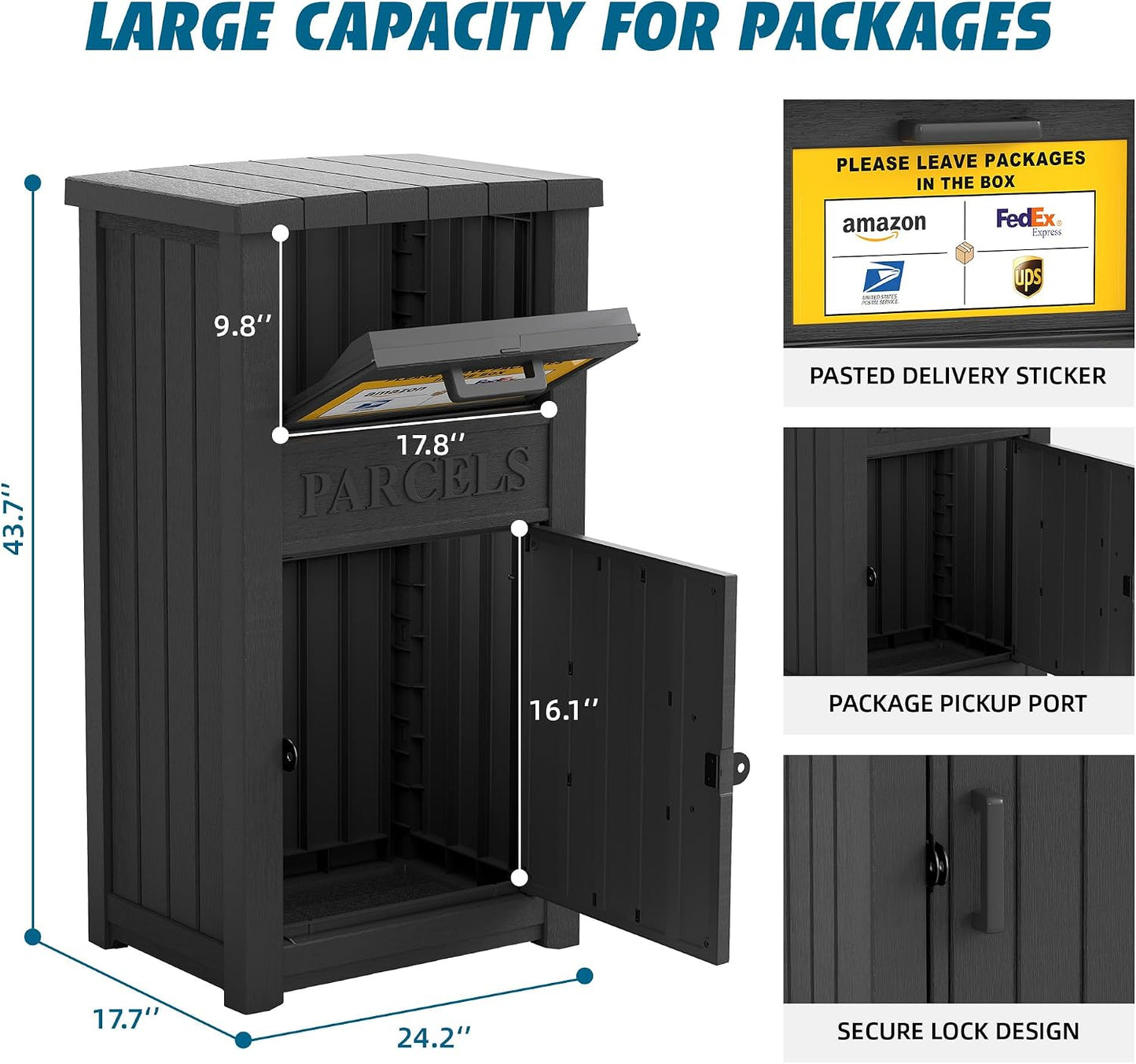 Package Delivery Box with Sign, Lockable & Weatherproof Anti-Theft Parcel Delivery Box for Porch, Curbside, Patio，Black