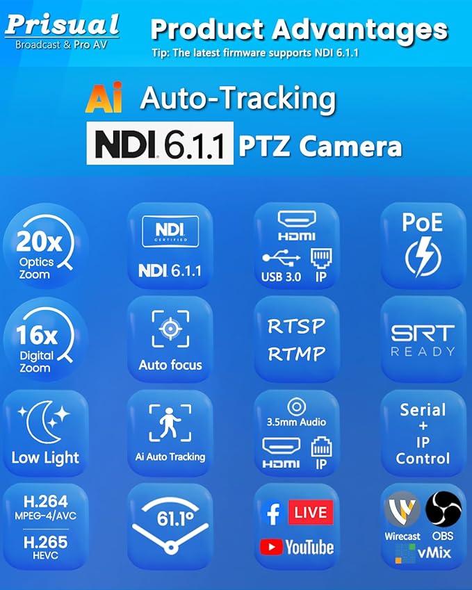 Prisual NDI 6.1.1 PTZ Camera, Ai Auto-Tracking, 20x Optical Zoom LAN USB3.0 PoE - Image 7