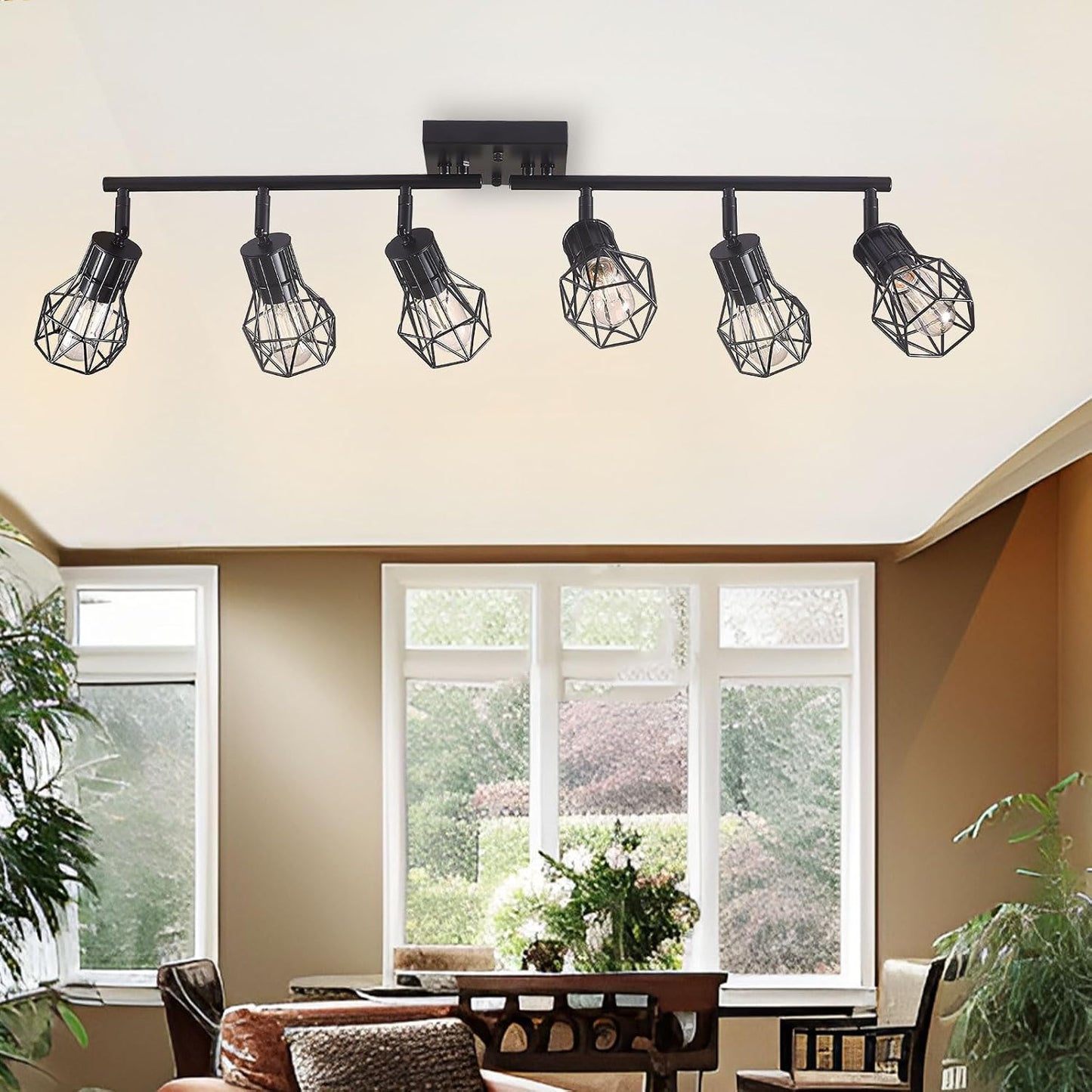 Matte Black Ceiling Mount Track Lighting 6-Light E26 for Kitchen | Matte Black 6-Light Farmhouse Track Lighting, Metal Cage, Adjustable Heads, E26 Base for Kitchen Bathroom Living Room