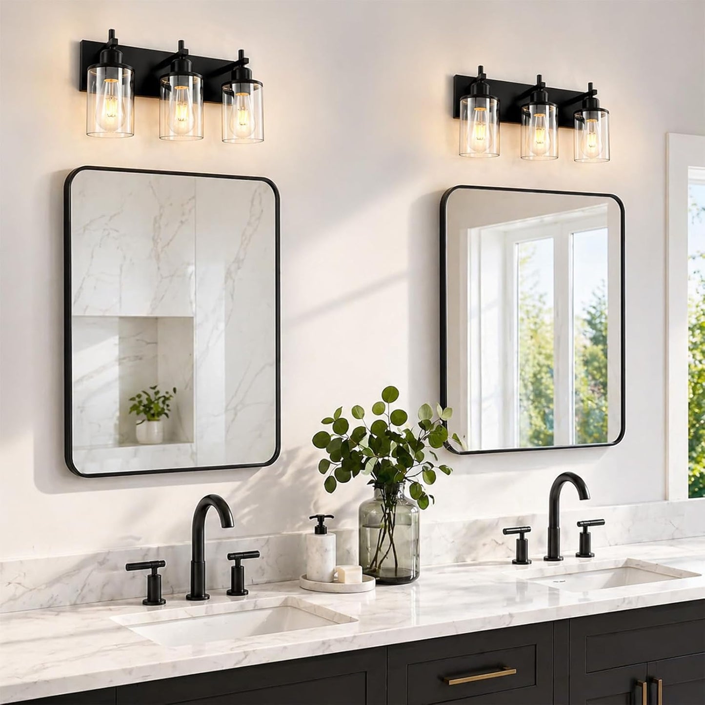 Lanhall 3-Light Black Bathroom Light Fixture Over Mirror Modern Farmhouse Bathroom Vanity Light Vintage Wall Lighting with Clear Glass Shade for Bathroom, Bedroom, Hallway, Cabinet