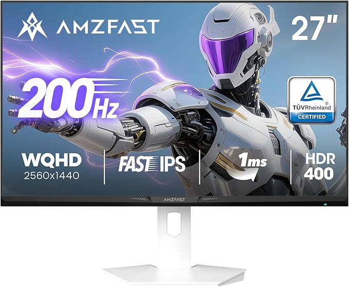 Amzfast 27 inch 1440P 200Hz/180Hz White Gaming Monitor, 2K QHD, MPRT 1ms Fast by Amzfast