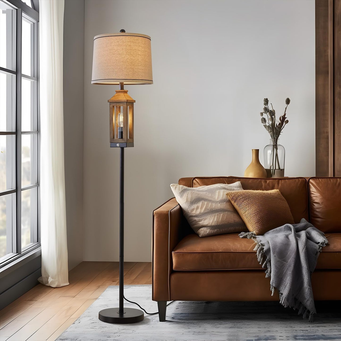 G-SAFAVA 63" Farmhouse Floor Lamps for Living Room Bedside Nightstand Lamp Black Tall Standing Lamp for Home Decor Bedroom Reading Wood Lamp Rustic Bed Lights with 2 Light Sources