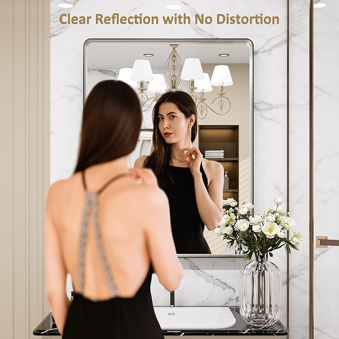 LOAAO 22X30 Inch Brushed Nickel Bathroom Mirror, Rounded Rectangle Silver Metal - Image 2