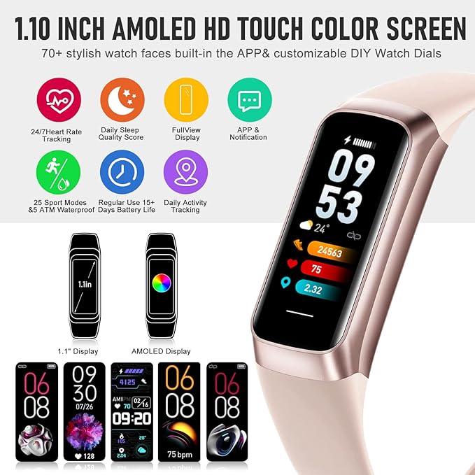 Fitness Tracker with 24/7 Heart Rate Blood Oxygen Sleep Monitor, 1.1" AMOLED - Image 2