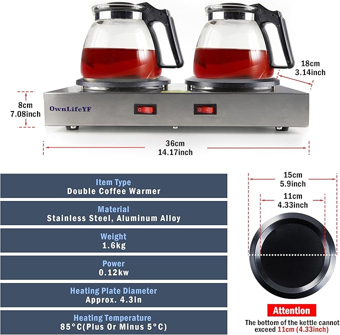 Commercial Double Coffee Carafe Warmer, Stainless Steel, 2 Burners Decanter - Image 3