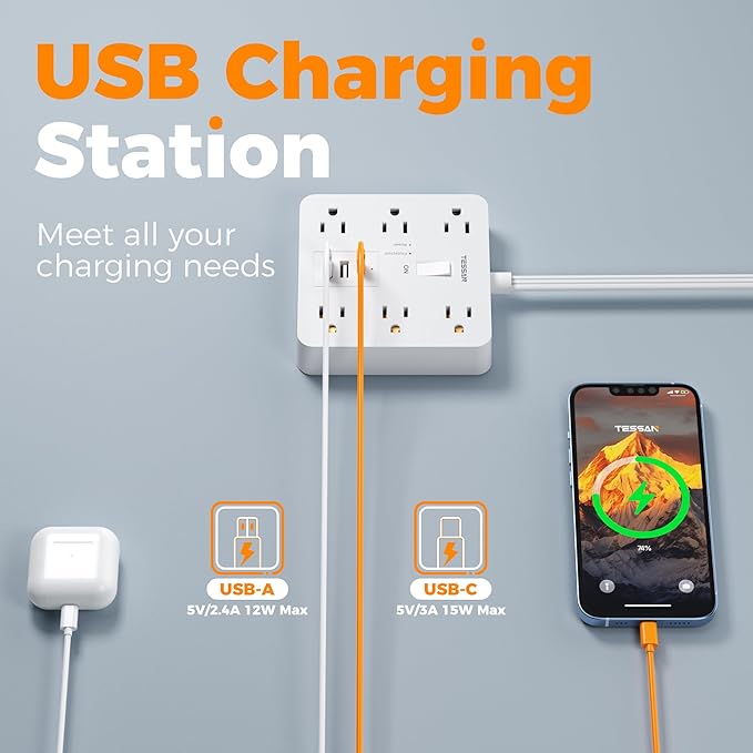 1700J Surge Protector Power Strip, TESSAN 10Ft Extension Cord - Image 3
