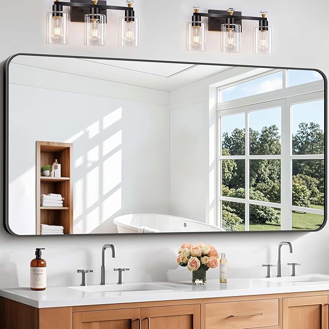 Bathroom Mirror, 60 x 30 inch Black Rectangle Wall Mirror, Metal Frame Rounded by WelcometoCIVENO