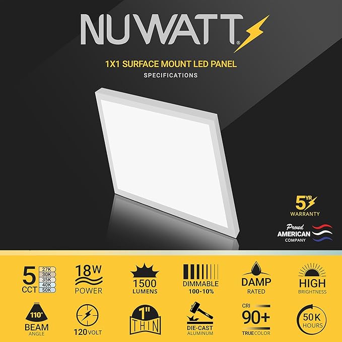 NUWATT 1x1 FT LED Square Surface Mount Panel, 5CCT - Image 2
