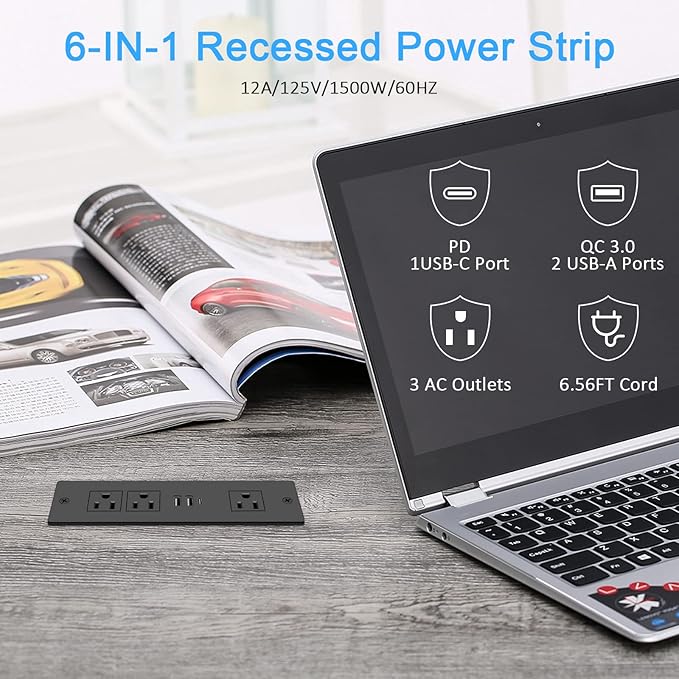 Recessed Power Strip, Furniture Plug in 3 Outlets & Fast Charging 20W PD USB-C - Image 2