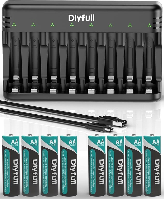Rechargeable AA Batteries with Charger, Dlyfull 8 Pack of 2800mAh High Capacity by Dlyfull