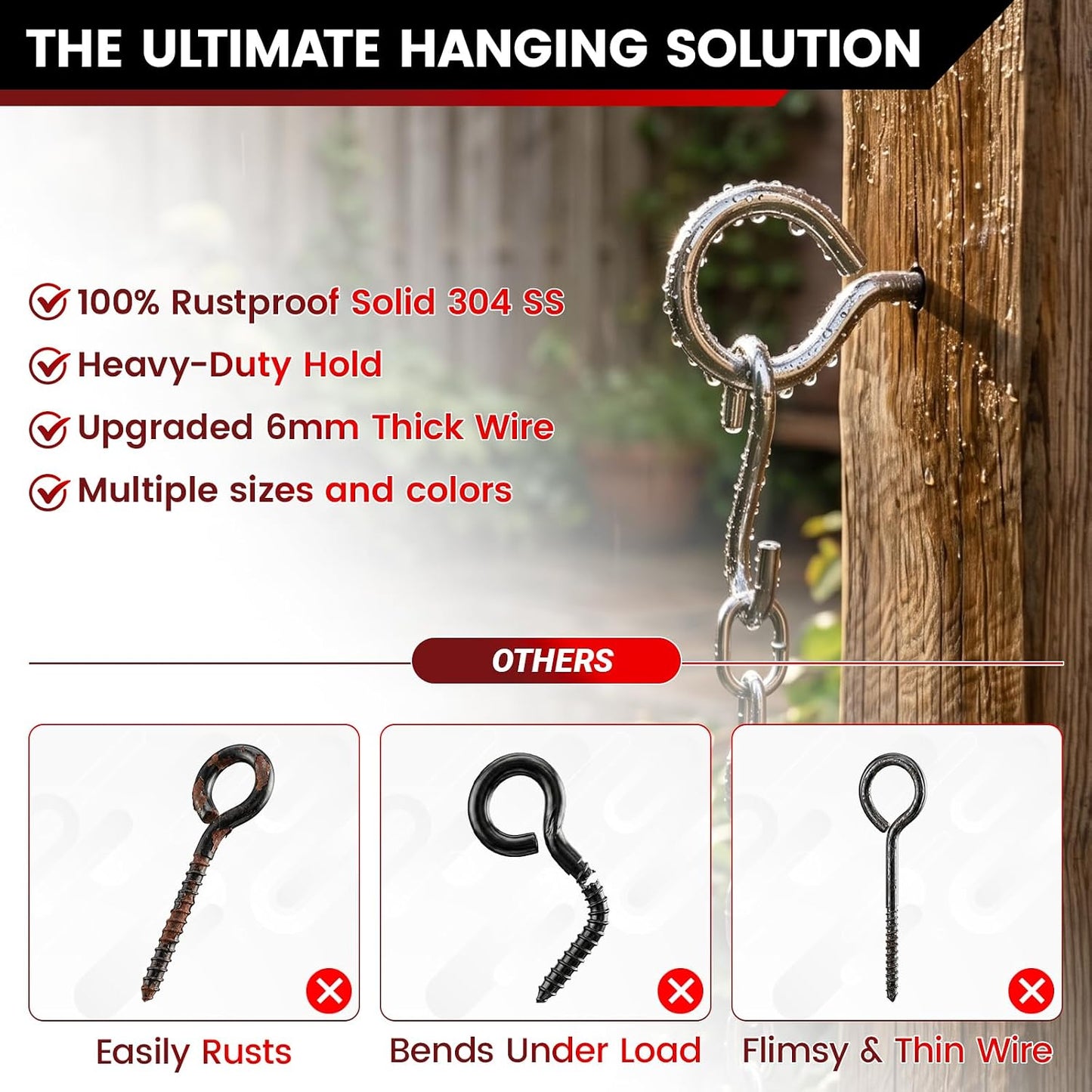 300LB 304 Stainless Steel 3.2inch Screw Eye Bolt Hook with S-Hook | Screw Eye Hooks for Wood, Hammock, Outdoor String Lights, Hanging Plants, Swing, Wind Chimes & Rope Tie Down, set of 5
