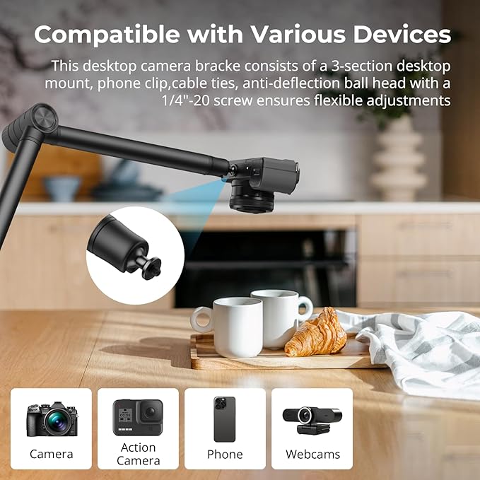 SMALLRIG Overhead 3-Section Desktop Camera Bracket, Damping Boom Arm Desk Mount - Image 3