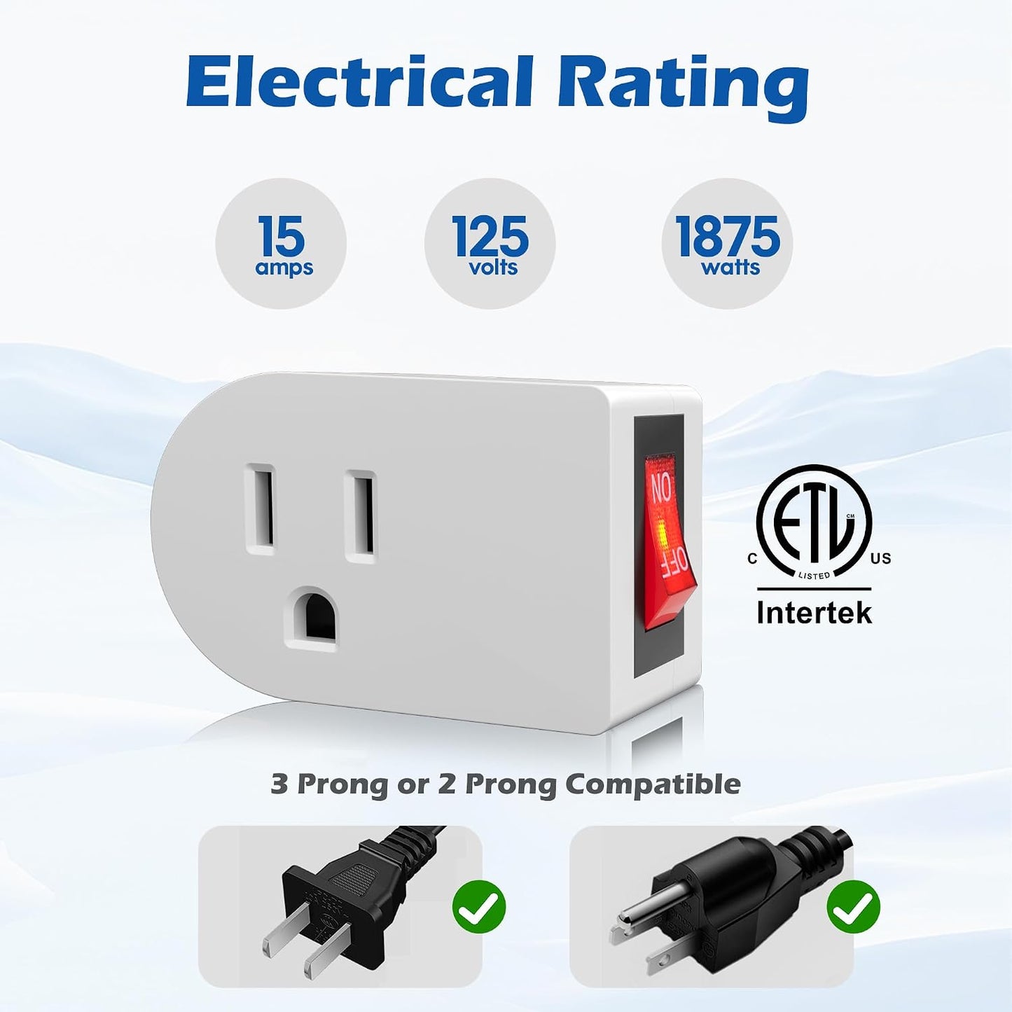 HiFind Grounded Outlet Extender with ON/Off Switch (2 Pack), 3 Prong Single Port Power Adapter, Energy & Space Saving Wall Tap Plug with Red Indicator for Light & Small Appliance, ETL, White